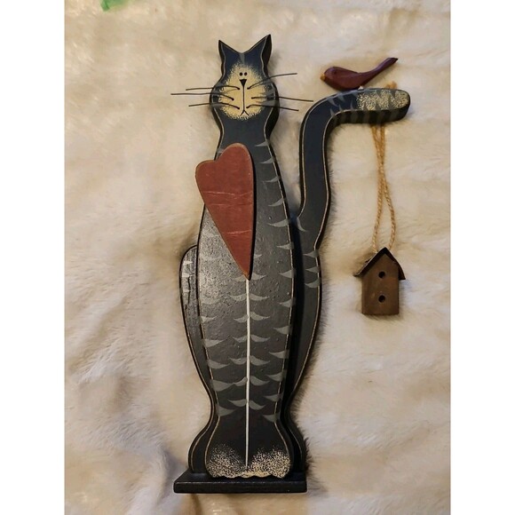 Rustic Folk Art Black & Gray Cat With a  Heart Bird & Bird House Wood Décor - Picture 8 of 8